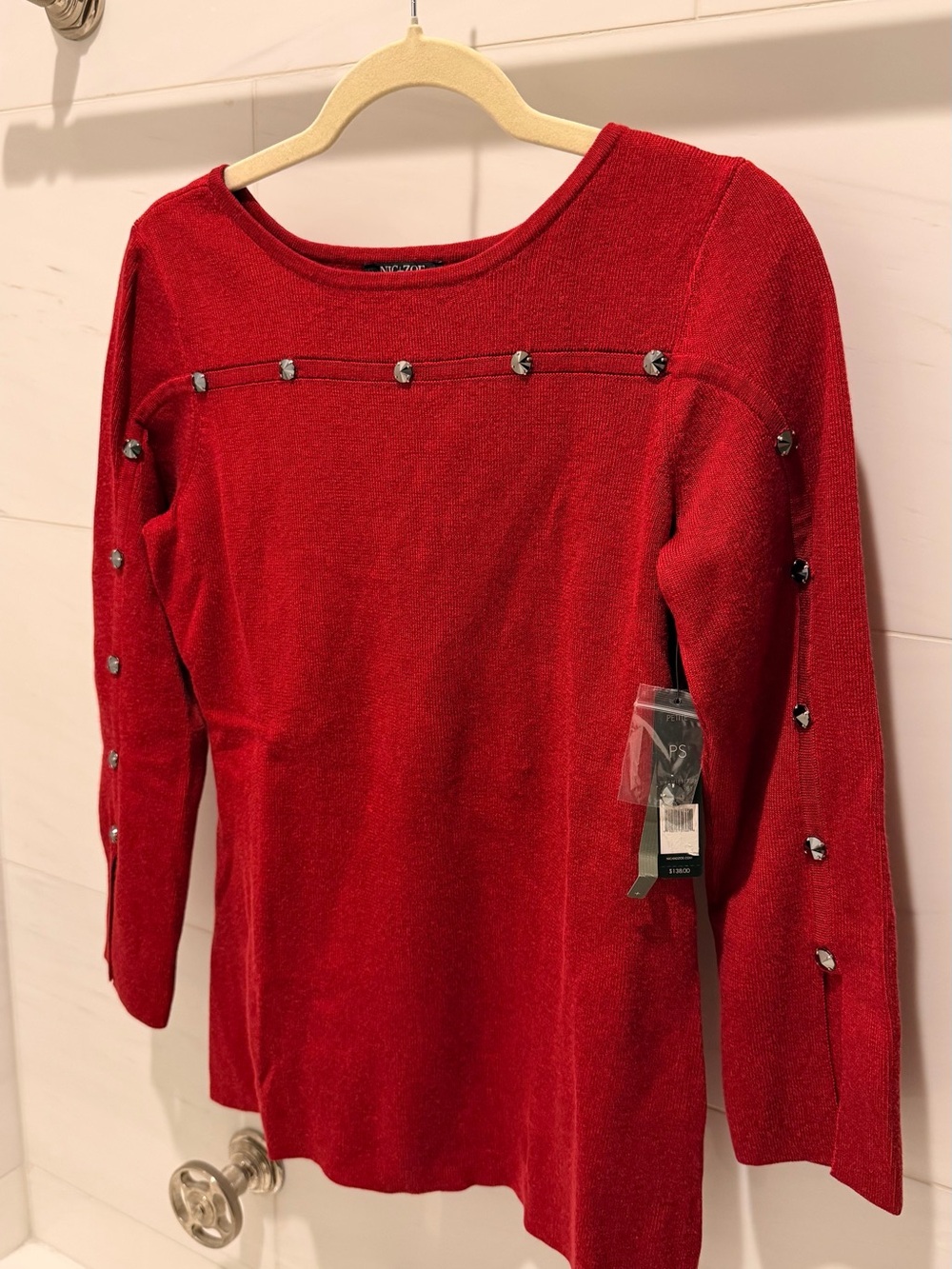 NWT Nic + Zoe Red Studded Split-Sleeve Sweater Petite S